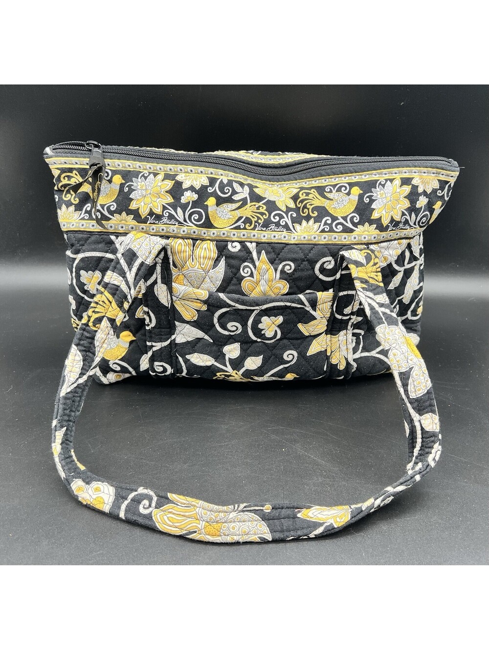 Vera Bradley Retired Vtg Yellow Bird Quilted Floral Tote Bag Black Little Betsy